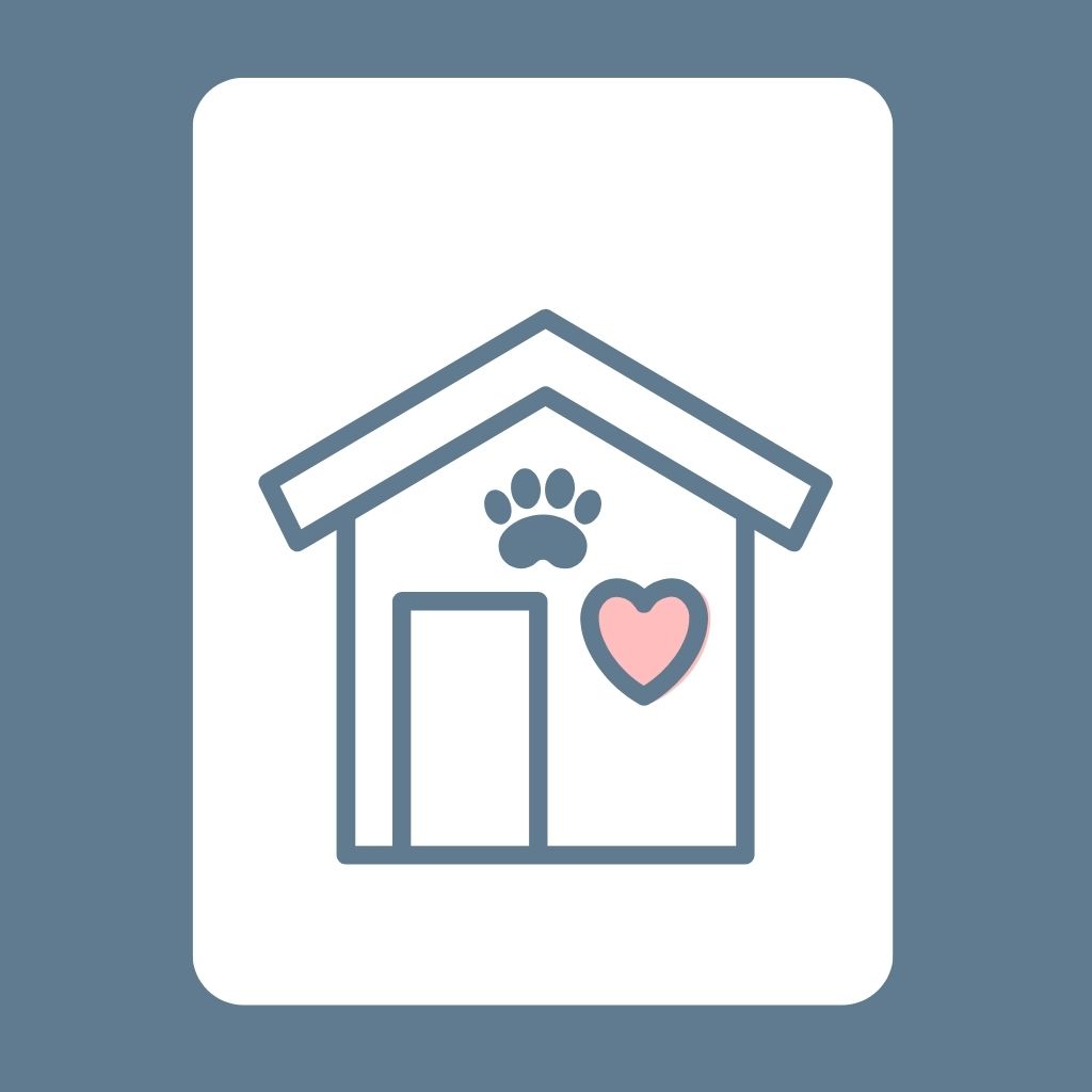 Icon with a house with a heart and a paw on it, demonstrating caring pet care